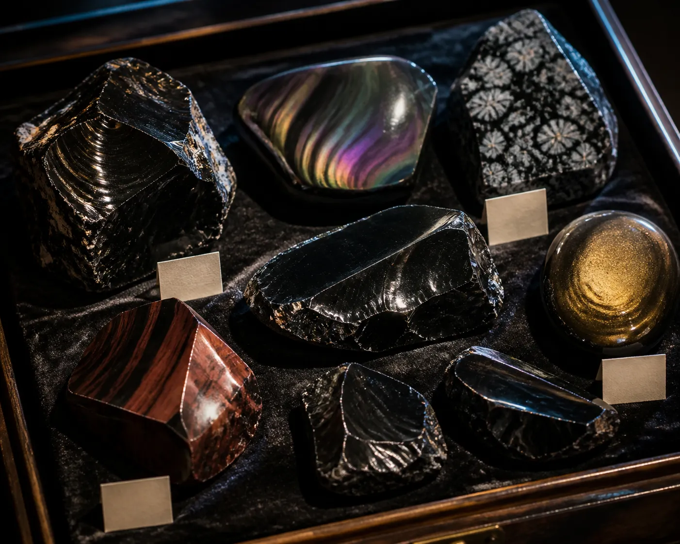 A careful arrangement of obsidian specimens in a dark collection tray, showing sheen, snowflake inclusions, mahogany bands, and fractured glassy edges.